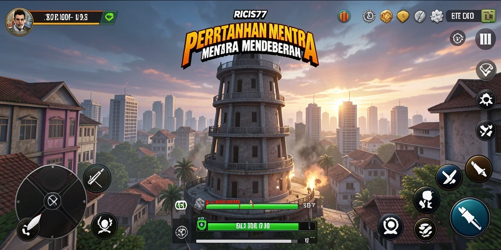 Tampilan gameplay RICIS77 dengan menara pertahanan yang strategis.