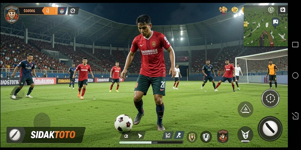 Tampilan gameplay seru dalam SIDAKTOTO menunjukkan aksi pertandingan sepak bola.