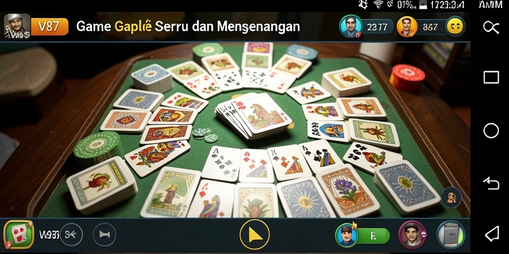 Screenshot V87 menunjukkan gameplay Gaple yang penuh warna dan interaksi pemain.